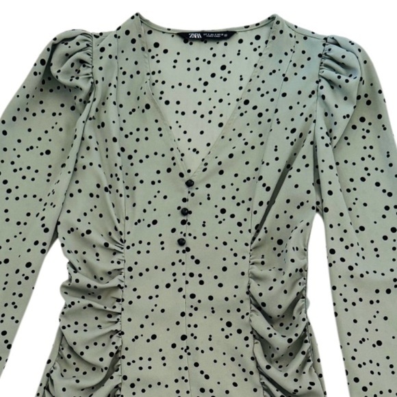 Zara Black Polka Dot V-Neck Long Sleeve Sage Mini Short Dress, Mint Green,Size S - Picture 8 of 15